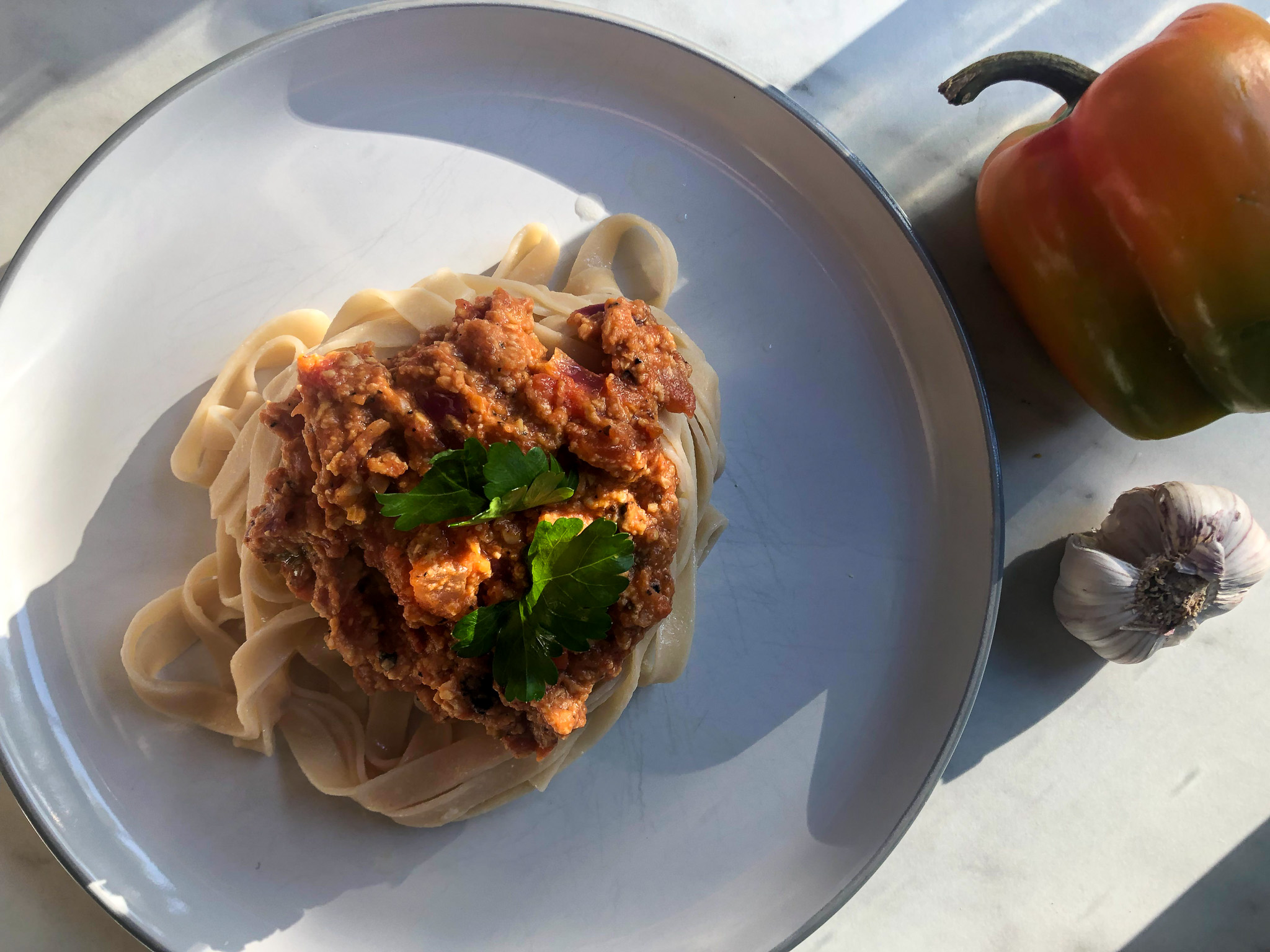 Vegan Tagliatelle Bolognese with NonGMO Tempe and cauliflower pasta